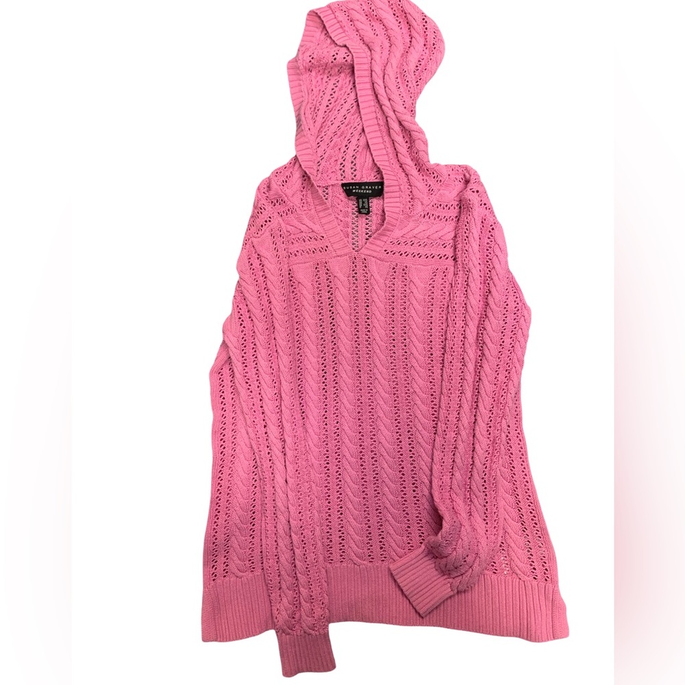 Susan Graver Pink Cable-Knit V-Neck Sweater with Hood - Picture 4 of 4